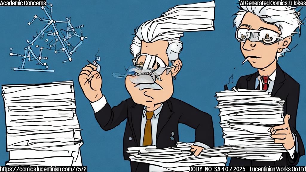 A cartoon style drawing of a scientist with wild white hair, wearing a lab coat, looking distraught while holding a stack of papers with charts on them. The background is a plain light blue.