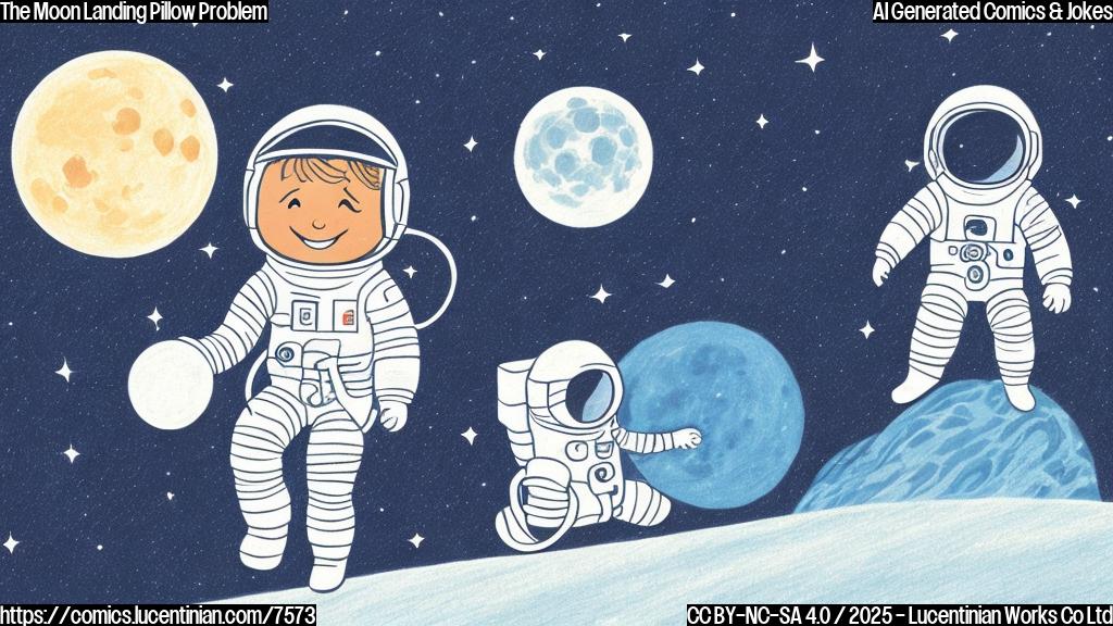 Draw an illustration of an astronaut with a smile on his face holding a small, fluffy pillow in space. The background should be a subtle, gradient blue representing the moon's surface.
