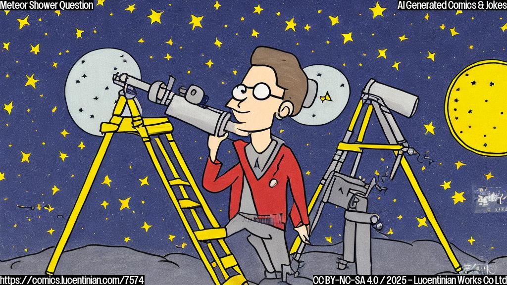 A simple cartoon drawing in a flat color style of an astronomer with a telescope and a tall ladder, looking up at a night sky with many shooting stars. The sky is dark blue, the stars are white and yellow, and the astronomer is wearing glasses.