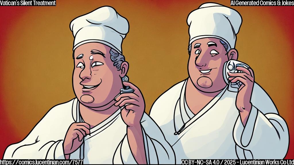 Cartoon style, plain light yellow background. Depict a very simply drawn, slightly overweight man in a white robe and zucchetto, looking flustered and holding a ringing vintage rotary phone to his ear. The phone is bright red. A speech bubble shows a series of question marks above his head.