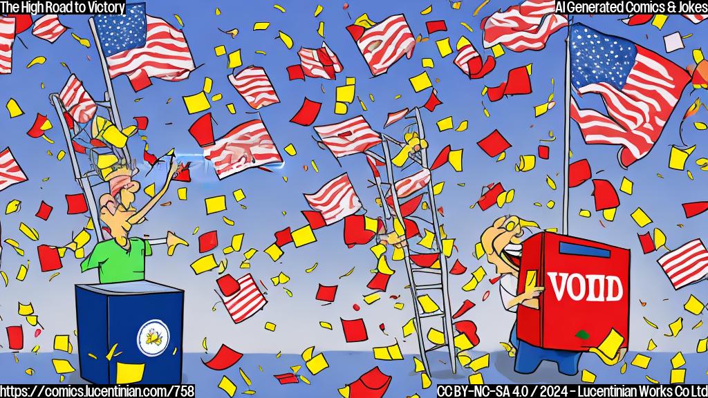 Draw a simple cartoon of a person holding a "I Voted" sticker and standing on top of a large ballot box with a ladder leaning against it, surrounded by flags and confetti.