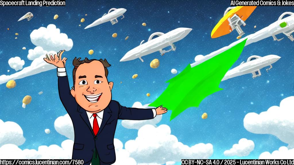 A cartoon weatherman in front of a green screen showing a cartoon spacecraft plummeting towards a generic cityscape. The weatherman has a nervous expression. The style is simple, flat colors.