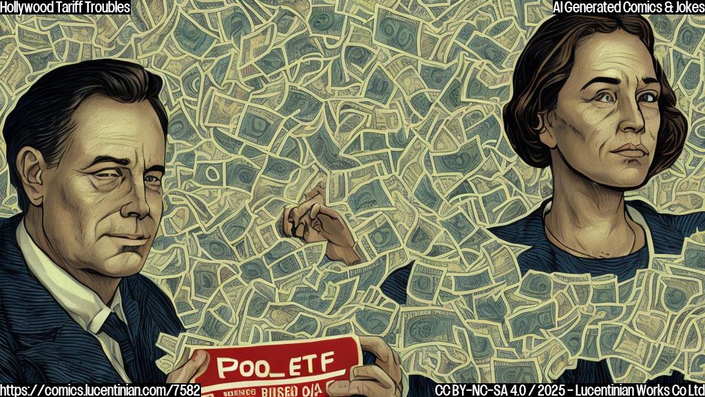 a plain color cartoon style, a worried-looking film reel character sweating profusely, surrounded by dollar signs with tariff labels attached to them, the background is a dark and stormy sky.