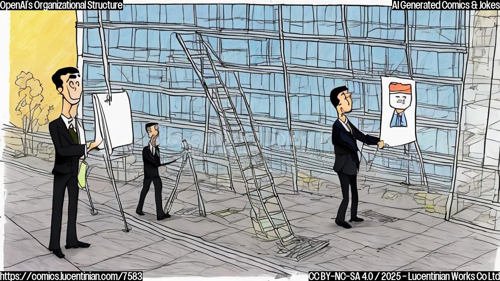 A plain color cartoon drawing of a CEO wearing a suit and tie, carrying a ladder and looking stressed, outside a glass building with a sign that says "Board Meeting".