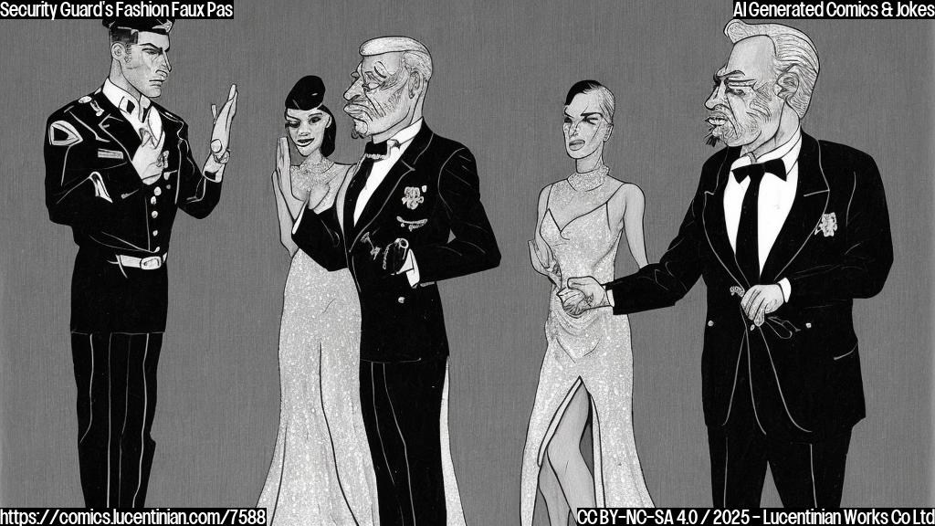 Cartoon drawing of a stressed security guard in a black suit standing next to a celebrity in a long, elaborate, shimmering silver dress. The security guard has a worried expression and is looking down at the dress, which appears slightly damaged at the hem. The celebrity is gesturing angrily with one hand and looking sternly at the guard. The background is a blurred, futuristic hotel lobby with hints of metallic furniture and glowing lights. The style is simple, clean, and cartoonish with plain, solid colors.