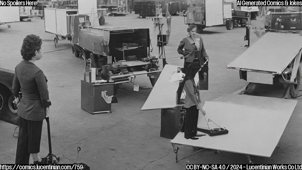 A woman in a production meeting holds a small metal detector and stands next to a large, empty trailer with a "Top Secret" sign on the door. The scene is shot from directly above, showing the woman's determined expression as she scans the area.