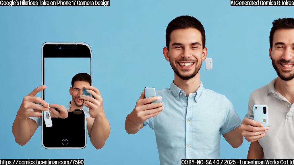 A light blue background cartoon-style image. On the left, a simplified white smartphone with a large, rectangular camera bar on the back. On the right, a similar-looking white smartphone also with a distinct camera bar, but perhaps with a slightly different lens arrangement. Both are smiling at each other in a friendly manner.