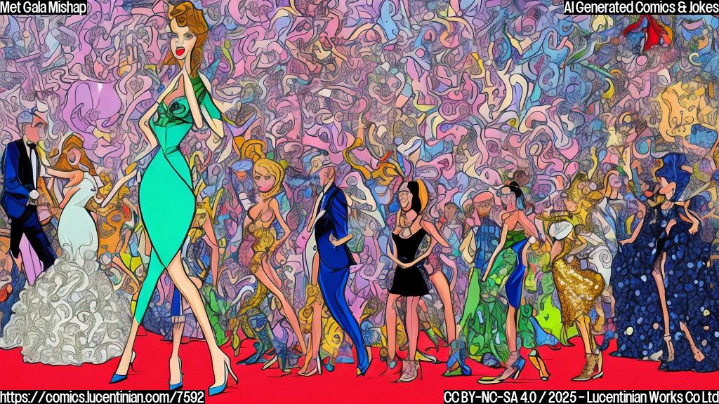 A cartoon illustration depicting a red carpet event. A figure, vaguely resembling a person but with exaggerated cartoon proportions, is wearing an extravagant outfit. The outfit is intentionally mismatched and clashes in color and style. The figure is wearing one high-heeled shoe and one sneaker. The background shows photographers with flashing cameras. The style is simple and cartoonish with bold, plain colors.