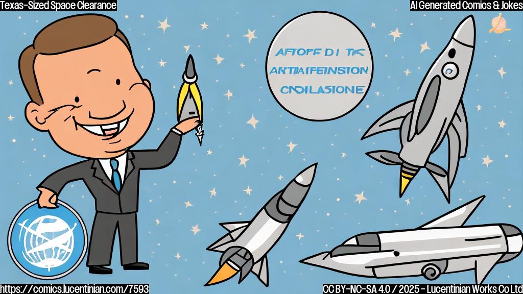 Create a simple cartoon image with a plain background color. The cartoon depicts a smiling Federal Aviation Administration official wearing a suit and holding a document stamped with a large "Approved" mark. In the background, a stylized rocket, clearly labeled "Space Exploration Company" is taking off.