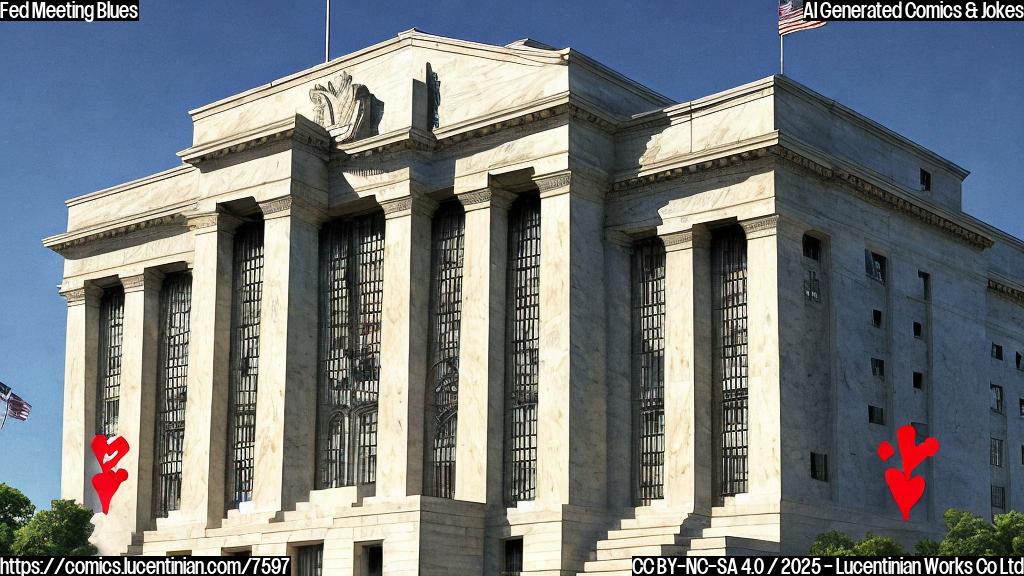 Cartoon image of a group of worried stocks with downturning mouths, standing in front of a large, imposing building labeled "The Federal Reserve." The color palette is dull gray, with small red arrows pointing downwards. The style is simple and childish.