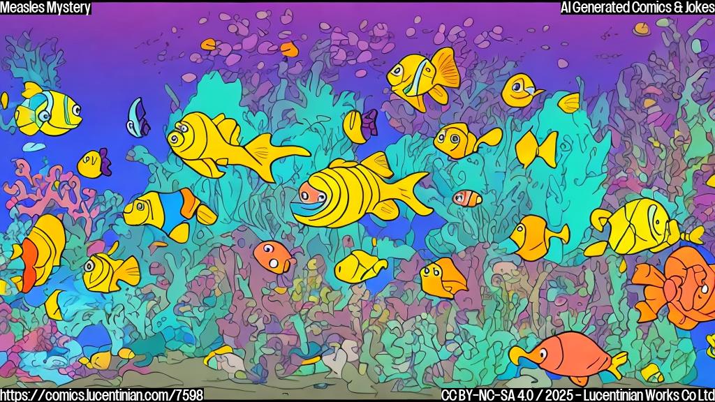A cartoon health inspector with a magnifying glass looking suspiciously at a school of brightly colored fish in a large aquarium. The scene is brightly lit with a plain color background.