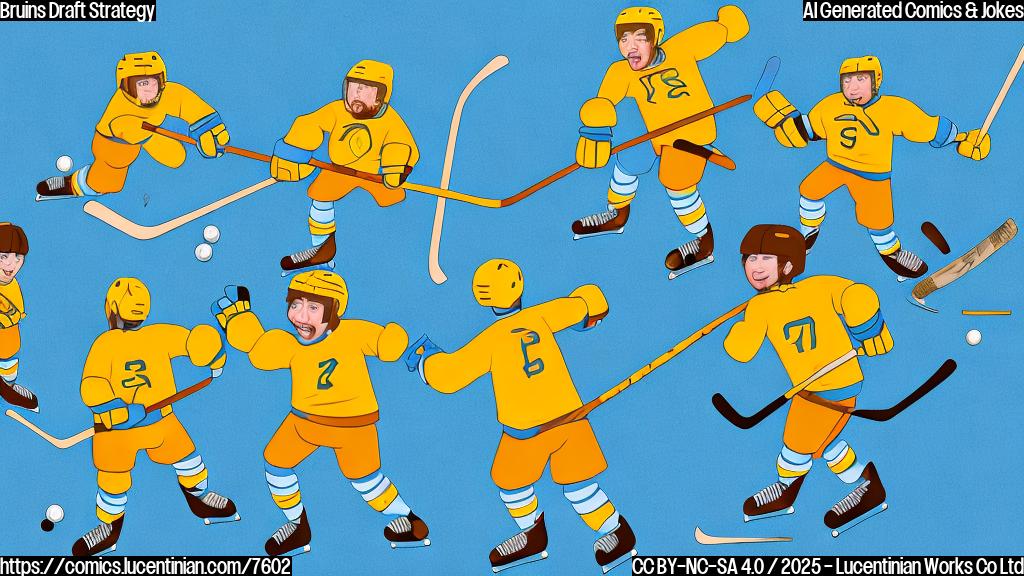 Cartoon style, plain light-blue background, a group of animated hockey players in brown and yellow uniforms huddle around a large sheet of paper that looks like a treasure map. One player points excitedly at the map with his hockey stick.