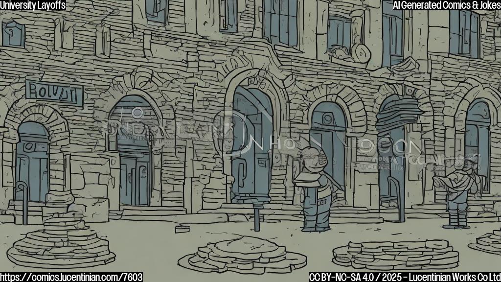 A simple cartoon illustration with plain colors. A sad-looking university building with a help wanted sign on its door.