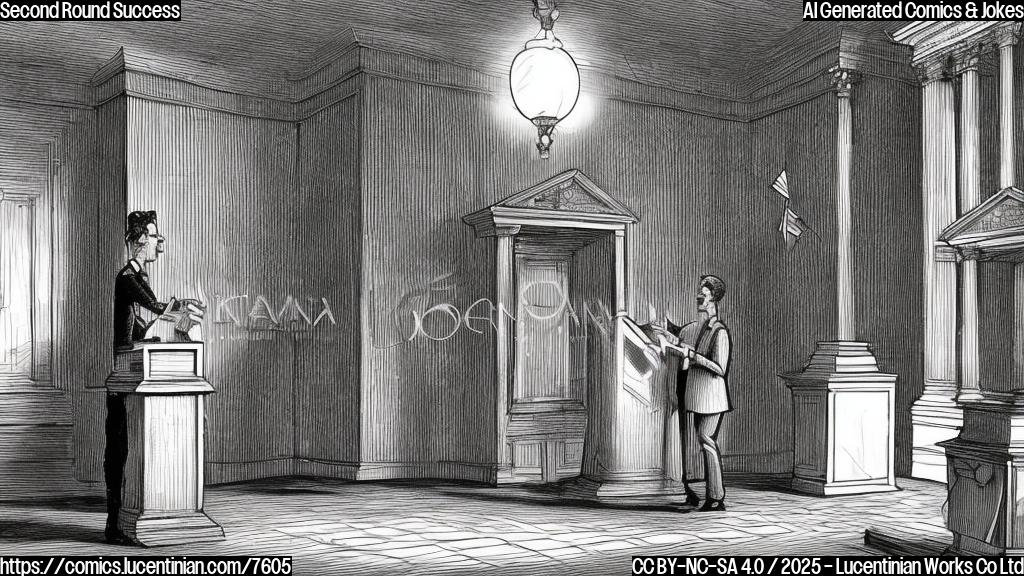 Cartoon drawing of a plain, light gray colored parliament building with a large ballot box in front of it. A stick figure in a dark suit is hesitantly placing a ballot in the box. The background is a solid light blue.