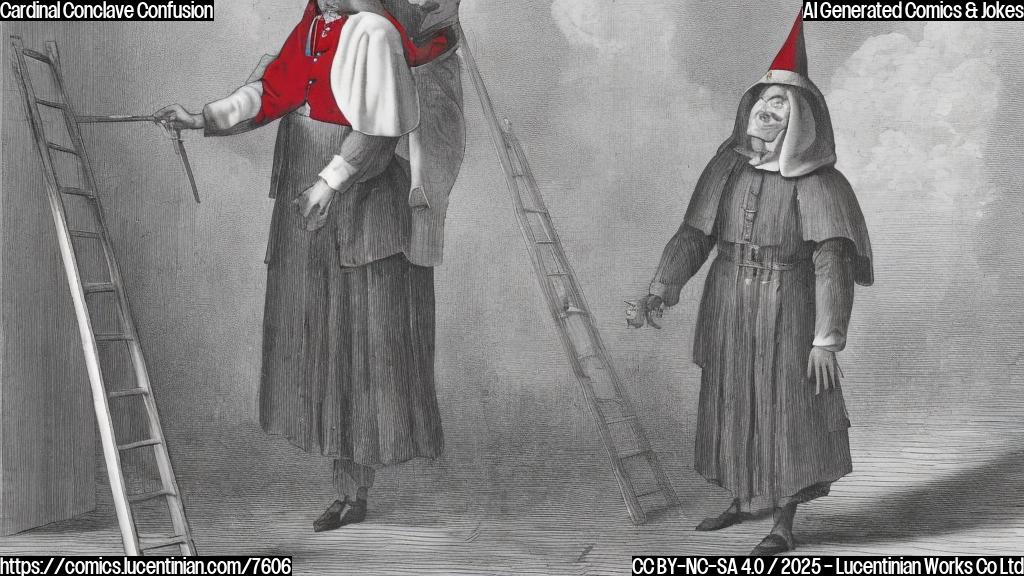A simple, cartoon-style image depicting a cardinal, dressed in traditional red robes and a mitre, carrying a comically oversized ladder. The background is a plain, light blue color. The cardinal has a slightly puzzled expression on his face.