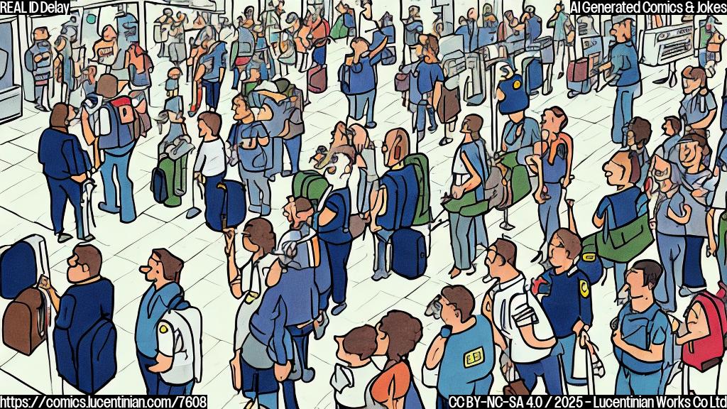 Plain color cartoon style image of a stressed looking security guard standing in front of a long, winding airport security line filled with frustrated travelers.