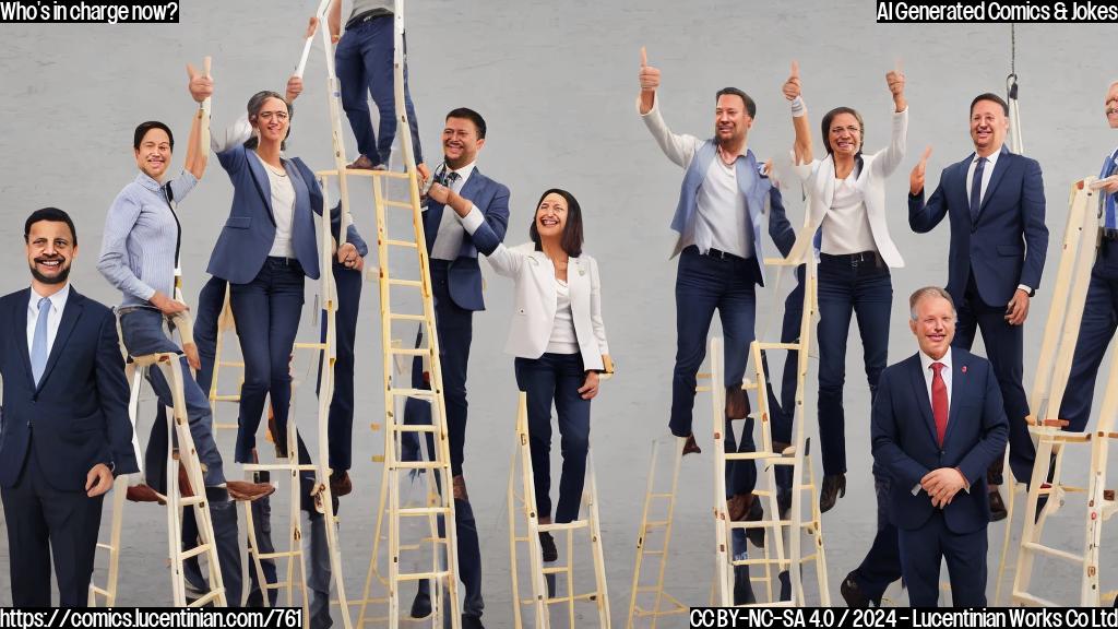 A group of politicians from different parties are standing on a raised platform, each holding a rung of a ladder. One is smiling and giving a thumbs up, while the others look concerned and unsure.