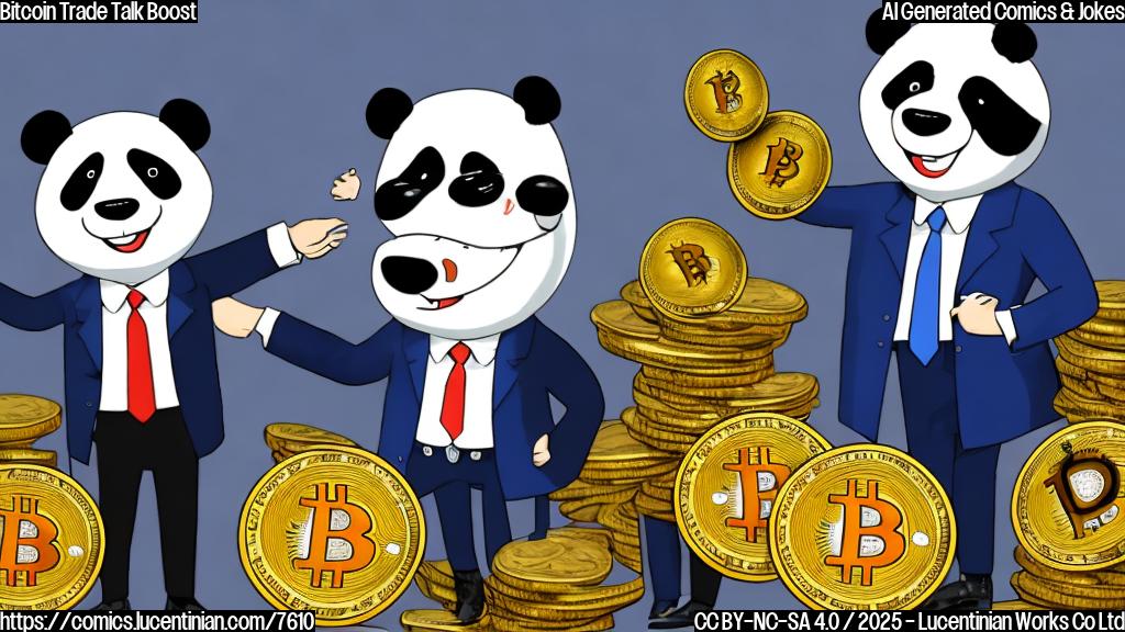 A cartoon-style Bitcoin coin with a smiley face wearing a business suit and tie, happily shaking hands with a cartoon-style panda wearing a similar business suit and tie, both standing against a plain blue background.