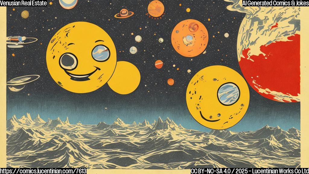 A cartoon-style drawing depicting a simplified Soviet-era spacecraft with a smiling face, holding a tiny "For Sale" sign pointing towards a bright, cartoony Venus with exaggerated heat waves rising from its surface. The overall style should be simple, colorful, and reminiscent of vintage propaganda posters.
