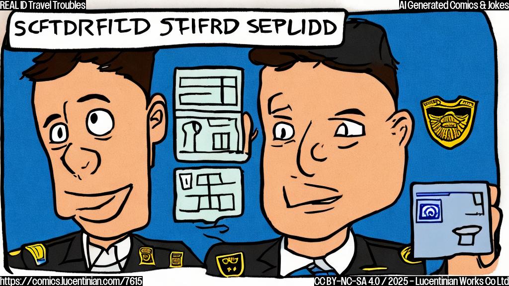 A cartoon style image of a confused traveler with a driver's license that reads "Kinda Real ID" being stopped by a security guard at an airport. The color is plain blue.