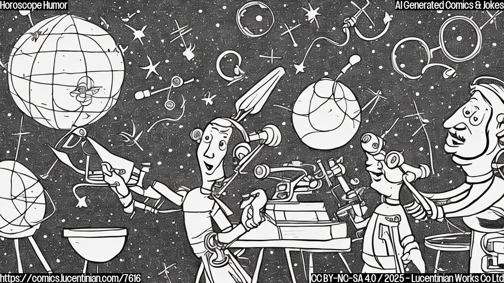 A cartoon drawing of a confused astrologer with a telescope, looking at a star chart that is completely blank. The background is a plain light blue color.