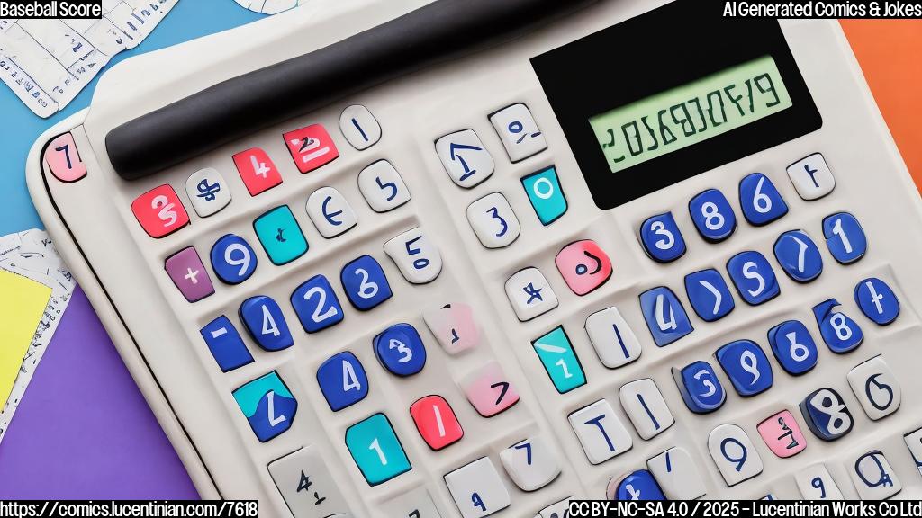 A cartoon of a baseball bat and a baseball next to a calculator. The calculator display shows "14-5=9". All in plain, pastel colors.