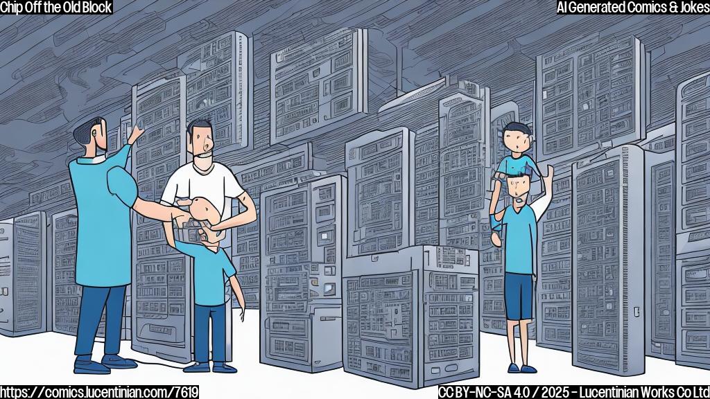 Cartoon illustration in a plain color style. A proud parent, depicted as a simplified human figure with a square head representing a tech executive, stands beaming next to a large server rack inside a vast data center. The parent is holding a small child, also with a square head resembling a microchip, up towards the server rack. The child looks curiously at the blinking lights of the servers. The background is a simple gradient of blue, with subtle server shapes faintly visible.
