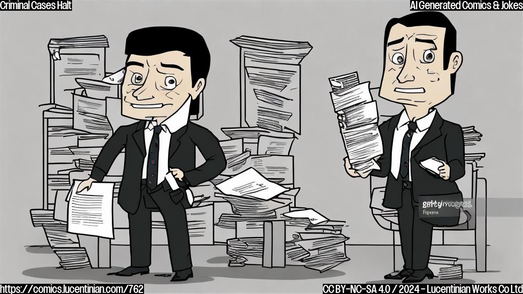 Draw a cartoon-style image of a prosecutor looking worried while holding a stack of files, with a toilet in the background having a sly grin on its face and a flush button prominently displayed. The toilet should be surrounded by papers and documents with "CASES" written on them in bold letters.