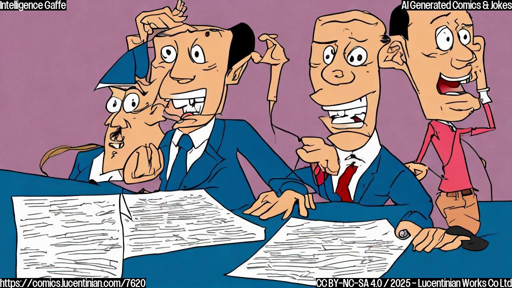 Cartoon of a frustrated person at a desk tossing a document back to another person, both with exaggerated expressions of confusion and annoyance. The document is labeled "Intelligence Memo" in large, bold letters. The style should be simple, using only a few flat colors.