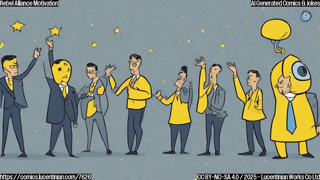 A minimalist, plain color cartoon depicting a group of diverse alien rebels looking unenthusiastic while a human motivational speaker in a business suit gestures emphatically on a stage. The background is a simple starfield. The color scheme is predominantly muted blues and grays, except for the speaker's suit, which is a vibrant yellow.