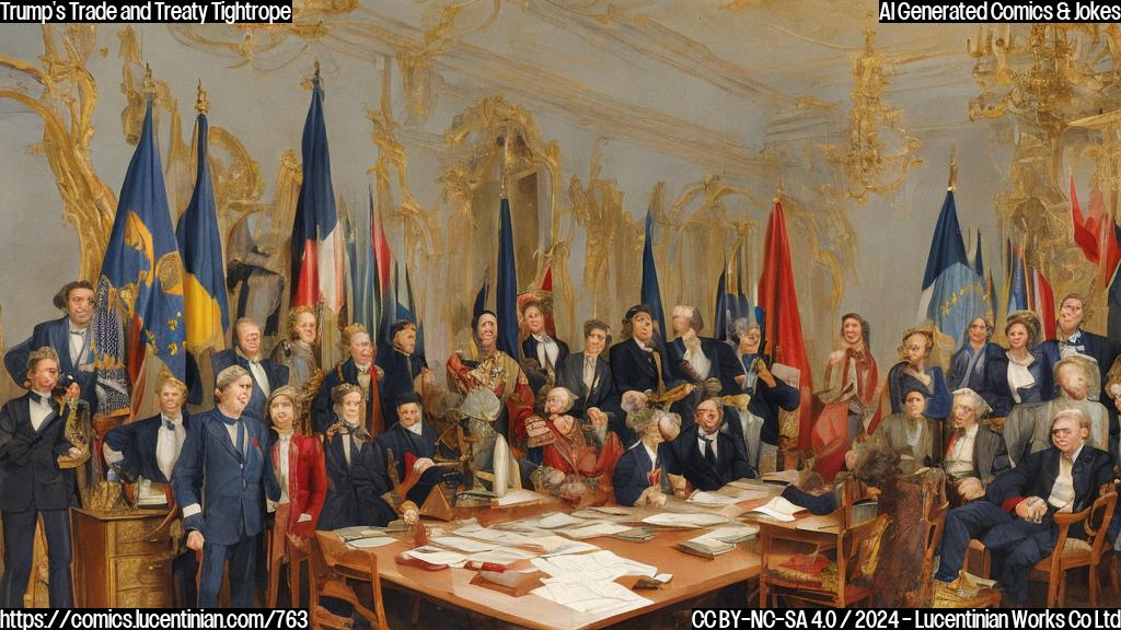 A group of diplomats standing on a table with a ladder in the background, one of them holding a contract and smiling, while another looks unsure. The scene is set in a formal conference room with flags of different European countries hanging on the walls.