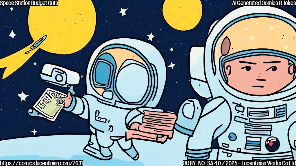 A plain color cartoon style image depicting a sad looking astronaut floating in space, holding a very small empty wallet. Stars are visible in the background.