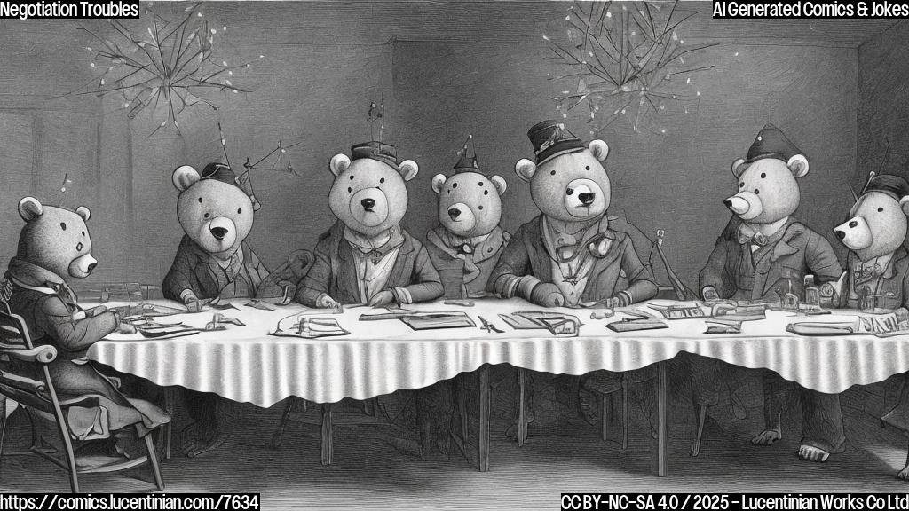 Cartoon image of two oversized bears, one wearing a hat emblazoned with a star and the other a trident, sitting at an enormously long negotiating table. The bear with the star hat is pushing a comically large list across the table. On the table is also a comically small pencil.