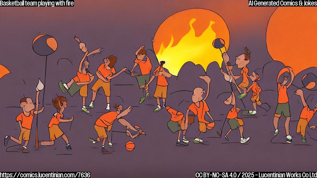 A cartoon basketball team standing on a basketball field, with one character holding a roasting stick with a marshmallow over a small campfire. The sky is orange. Plain color cartoon style.