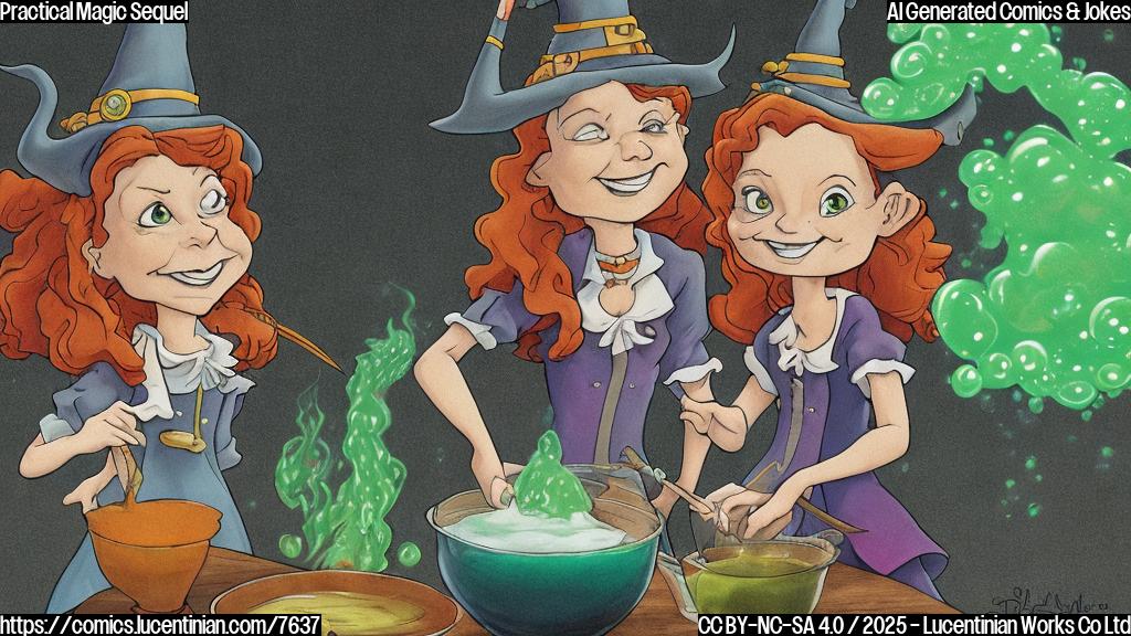 Two cartoon witches with pointy hats standing side-by-side, one with short brown hair and one with long red hair, smiling slyly. A cauldron bubbles in the background, emitting green smoke. Plain color cartoon style.