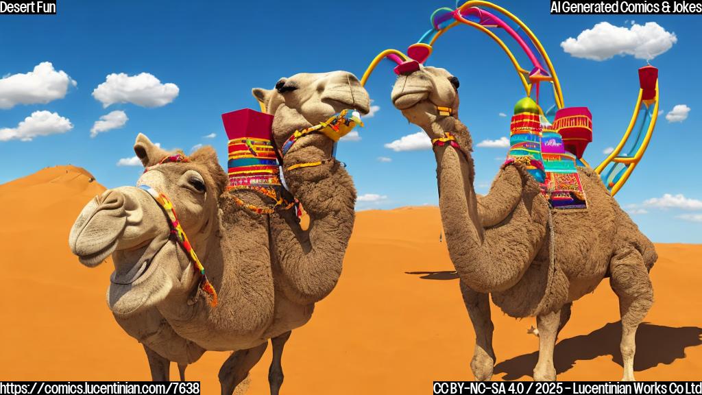 a cartoon drawing of a smiling camel wearing a tiny fez, standing nervously in front of a towering, colorful roller coaster shaped like sand dunes in a desert landscape. The sky is bright blue and sunny.