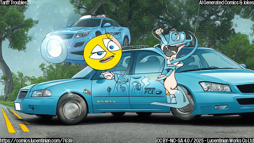 Cartoon image of a generic blue sedan driving across a dotted line representing a border. A sad face sticker is on the hood, and a dollar sign is floating above the car. The background is a plain light green.