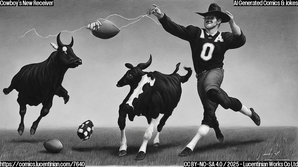 A cartoon image of a football player in a cowboy hat trying to catch a black and white cow with a football instead of a lasso, plain color background.