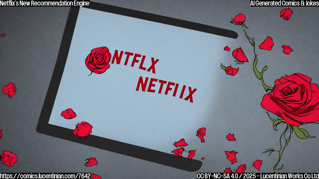 A cartoon-style image of a sad-looking computer screen with the Netflix logo on it, holding a wilted rose. A speech bubble coming from the screen says "It's not you, it's my algorithm." The background is a plain light blue.