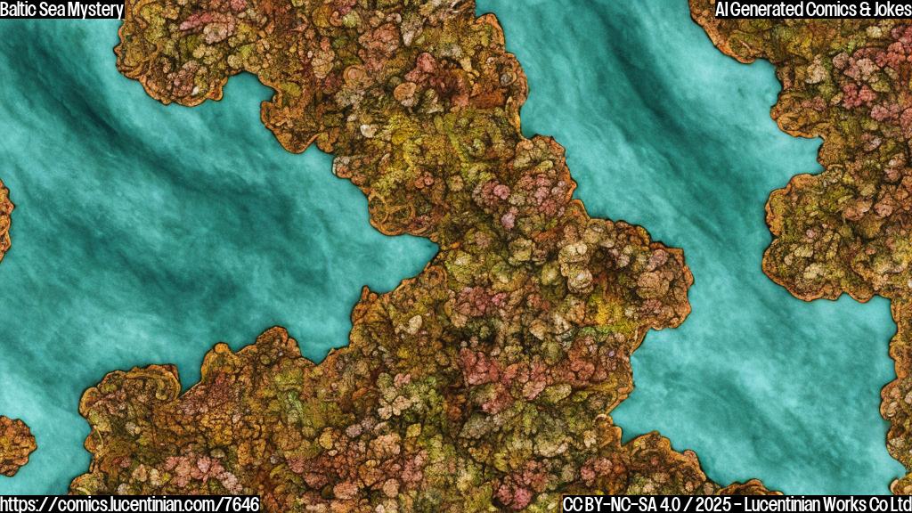 A cartoon style image of the Baltic Sea with swirling green and brown substances on its surface. The sea has a confused expression with cartoon eyes. The background is a plain light blue.
