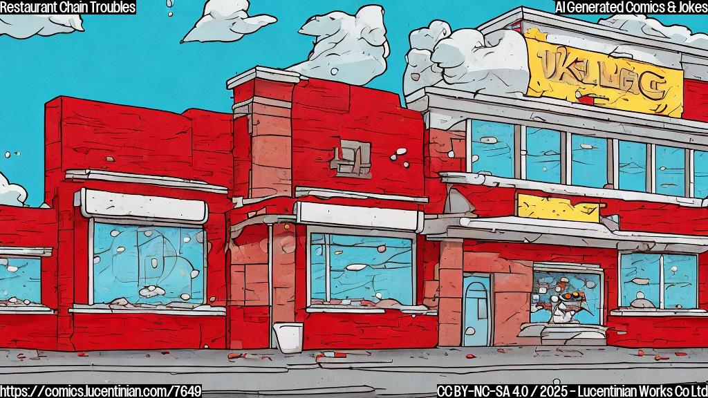 Cartoon image of a sad, generic restaurant building with a large bottle of ketchup leaking all over it, covering the building in red.