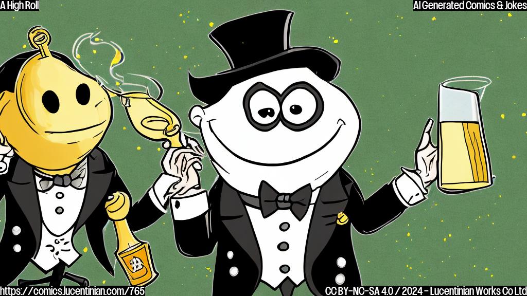 Draw a cartoon of a smiling, green, and yellow bitcoin with a top hat and monocle, holding a champagne bottle and wearing a tuxedo. The background should have confetti and balloons.
