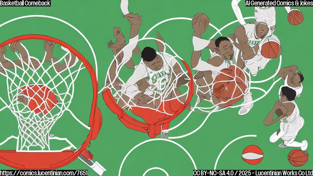 A cartoon style image with a plain light green background. In the center, a basketball team, depicted as simple, rounded figures with basketball jerseys, is struggling to carry a very large ladder. The basketball hoop is slightly visible in the background.