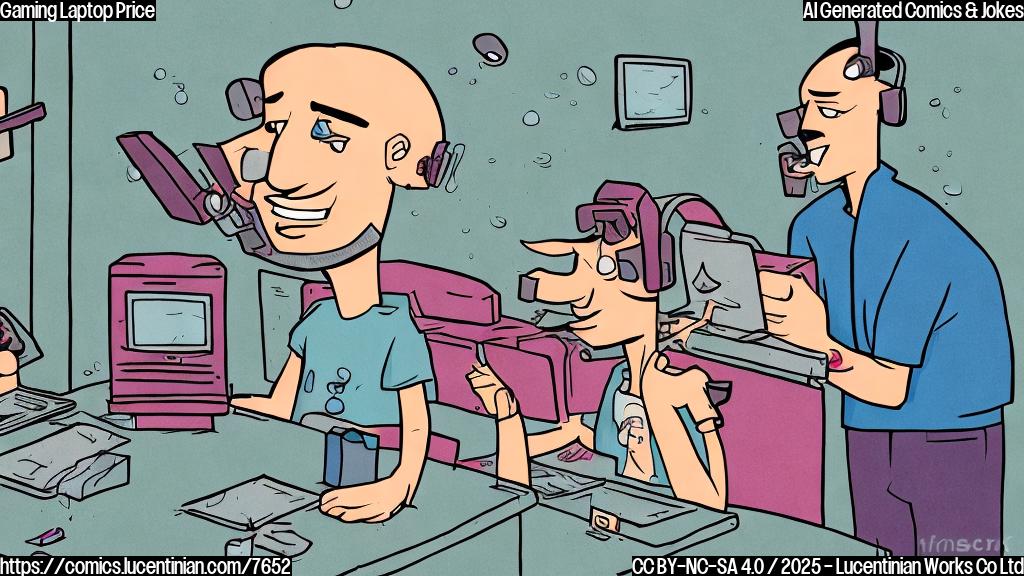 Cartoon drawing of a stressed gamer with sweat drops, looking at a laptop store clerk who is shrugging with empty pockets turned inside out. Plain color background.