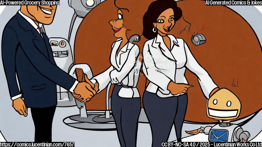 A simple, cartoon-style image. A businesswoman with light skin and brown hair shakes hands with a friendly-looking robot. Both are smiling. The background is a plain light blue color. No text.