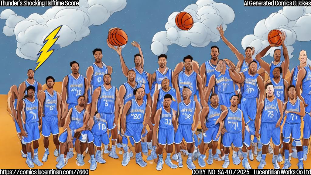 A cartoon drawing of a basketball team standing under a literal cartoon thundercloud. The basketball players are wearing generic uniforms (no team logos) and looking surprised, while lightning bolts strike around them. The background is a plain, light blue color.