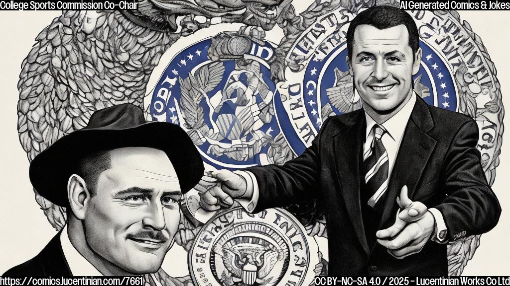 Cartoon drawing of a generic football coach in a suit standing next to a podium with a presidential seal. He has a sly grin and is subtly hiding money behind his back. The background is a plain, solid color.