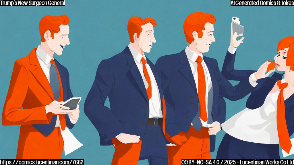 A cartoon drawing. A man with orange hair and a red tie pointing at a woman in a white coat holding a smartphone. The background is a plain blue. Simple, flat colors.