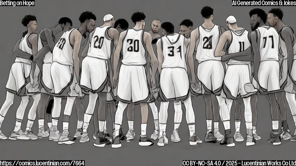 a plain color cartoon style picture, a basketball team huddled together looking determined despite their gloomy faces. A betting slip is crumpled on the floor near their feet. The background is a simple gradient of grey and white.
