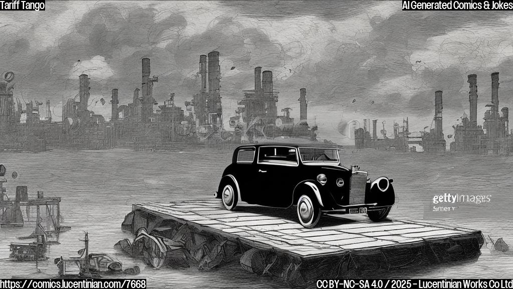 A cartoon image of a sad British car with a bowler hat standing on a dock, looking across a wide ocean at a factory with dollar signs all over it. The sky is gray and stormy above the factory, while the sun shines on the car.